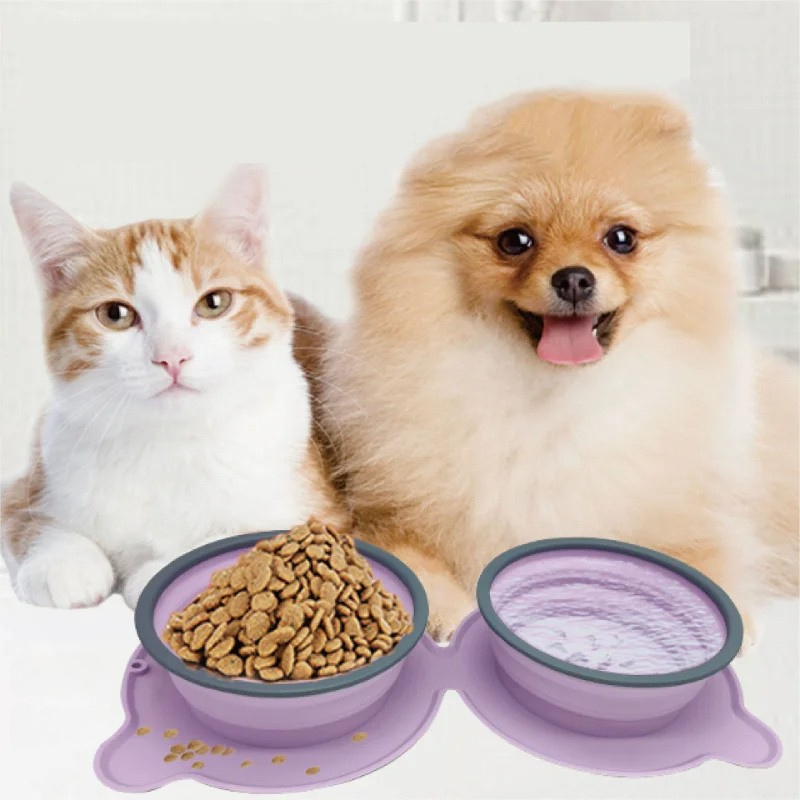 Portable Silicone Double Dog Food Bowl